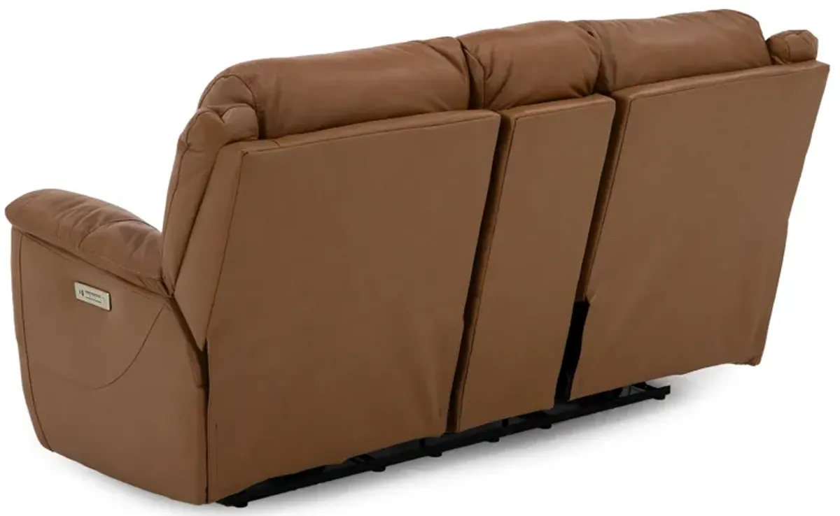 Florence Leather Fully Loaded Zero Gravity Reclining Console Loveseat in Butternut