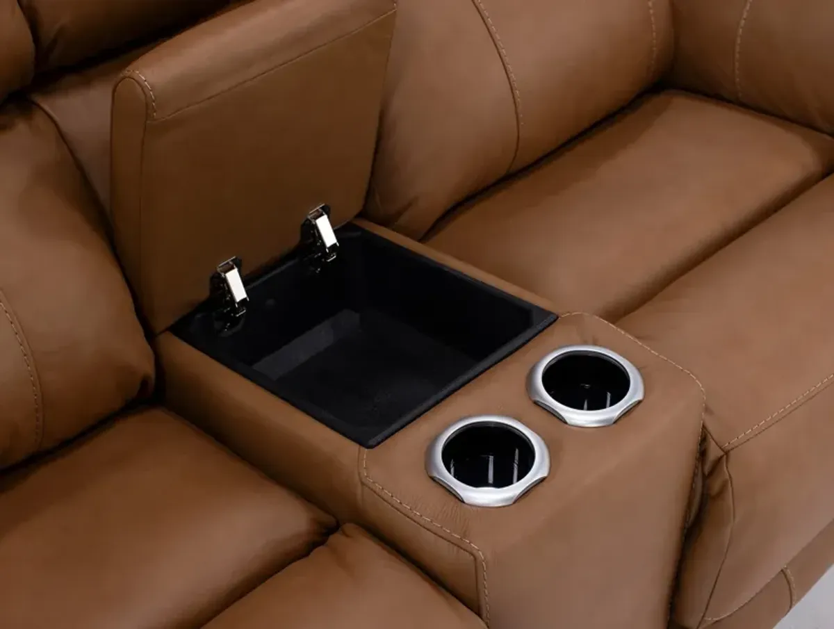 Florence Leather Fully Loaded Zero Gravity Reclining Console Loveseat in Butternut