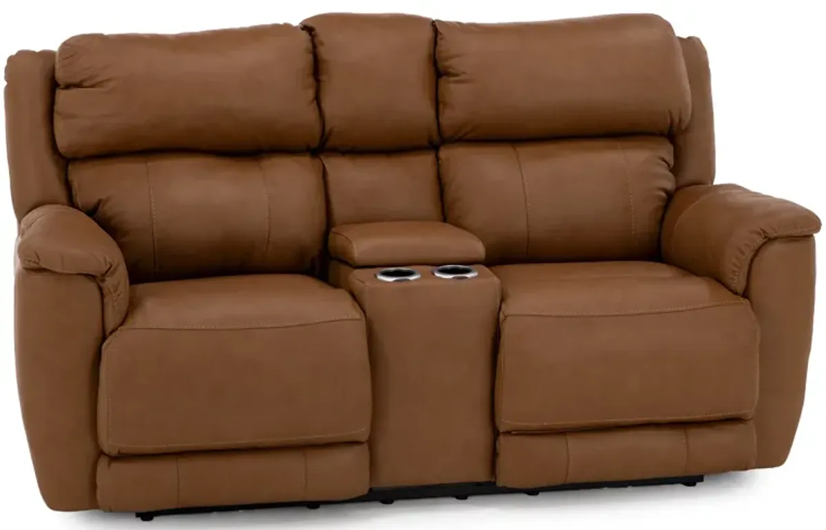 Florence Leather Fully Loaded Zero Gravity Reclining Console Loveseat in Butternut