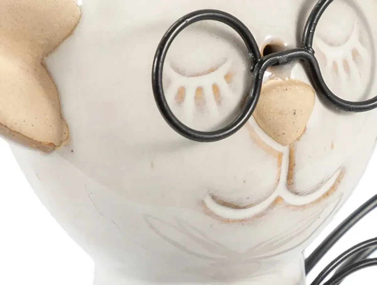 Tall Beige Ceramic Cat with Glasses Sculpture 6"W x 11"H