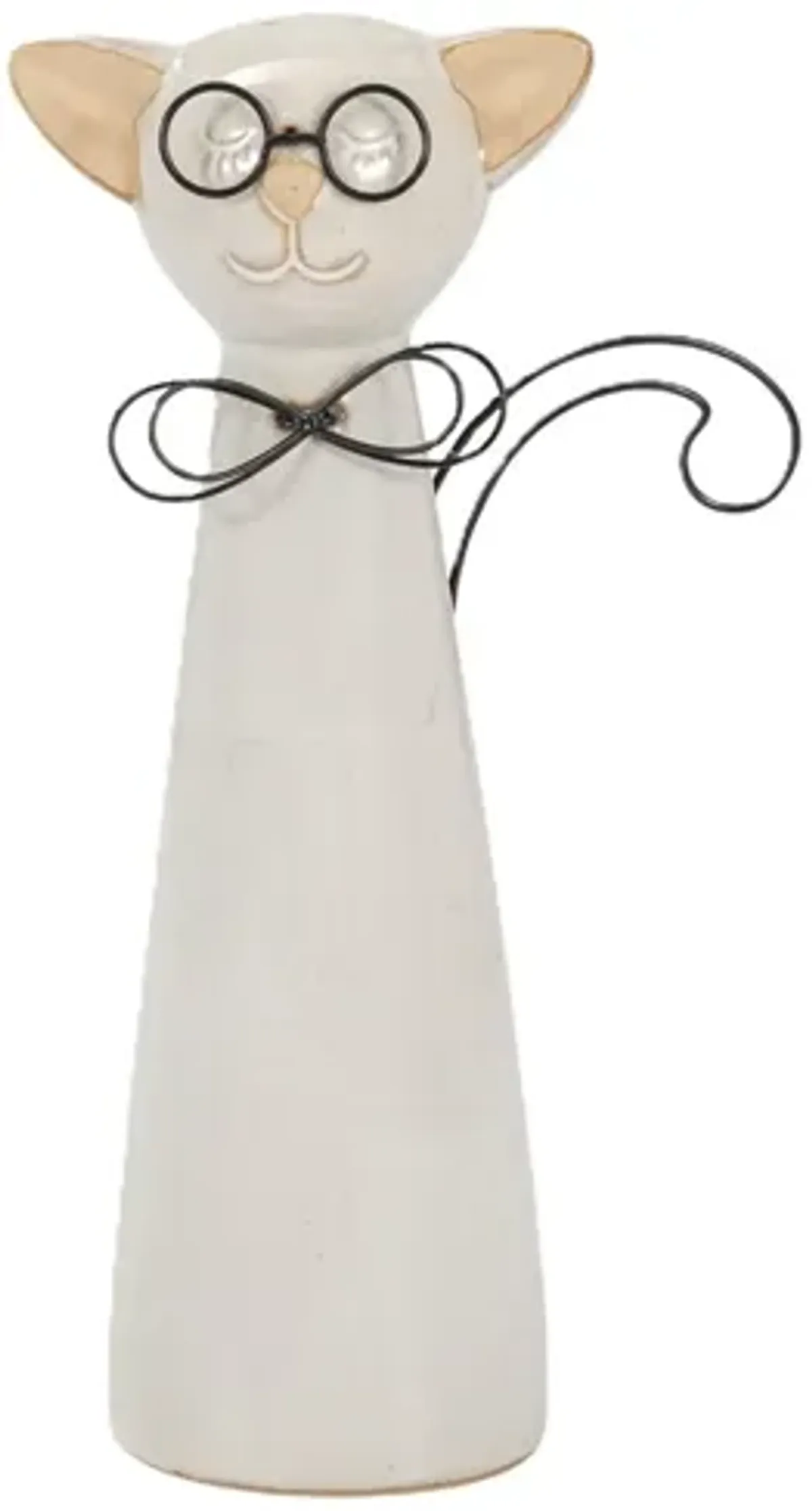 Tall Beige Ceramic Cat with Glasses Sculpture 6"W x 11"H