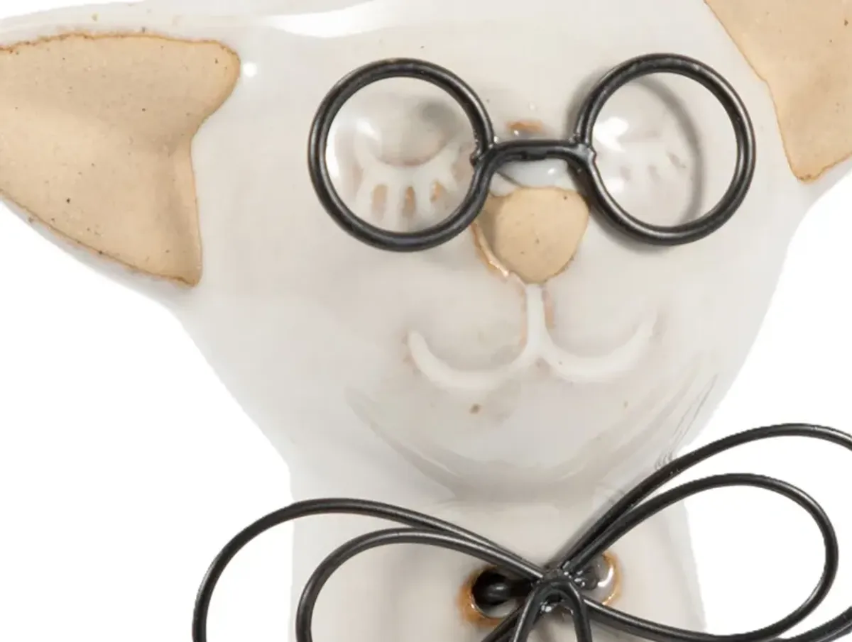 Short Beige Ceramic Cat with Glasses Sculpture 5"W x 8"H