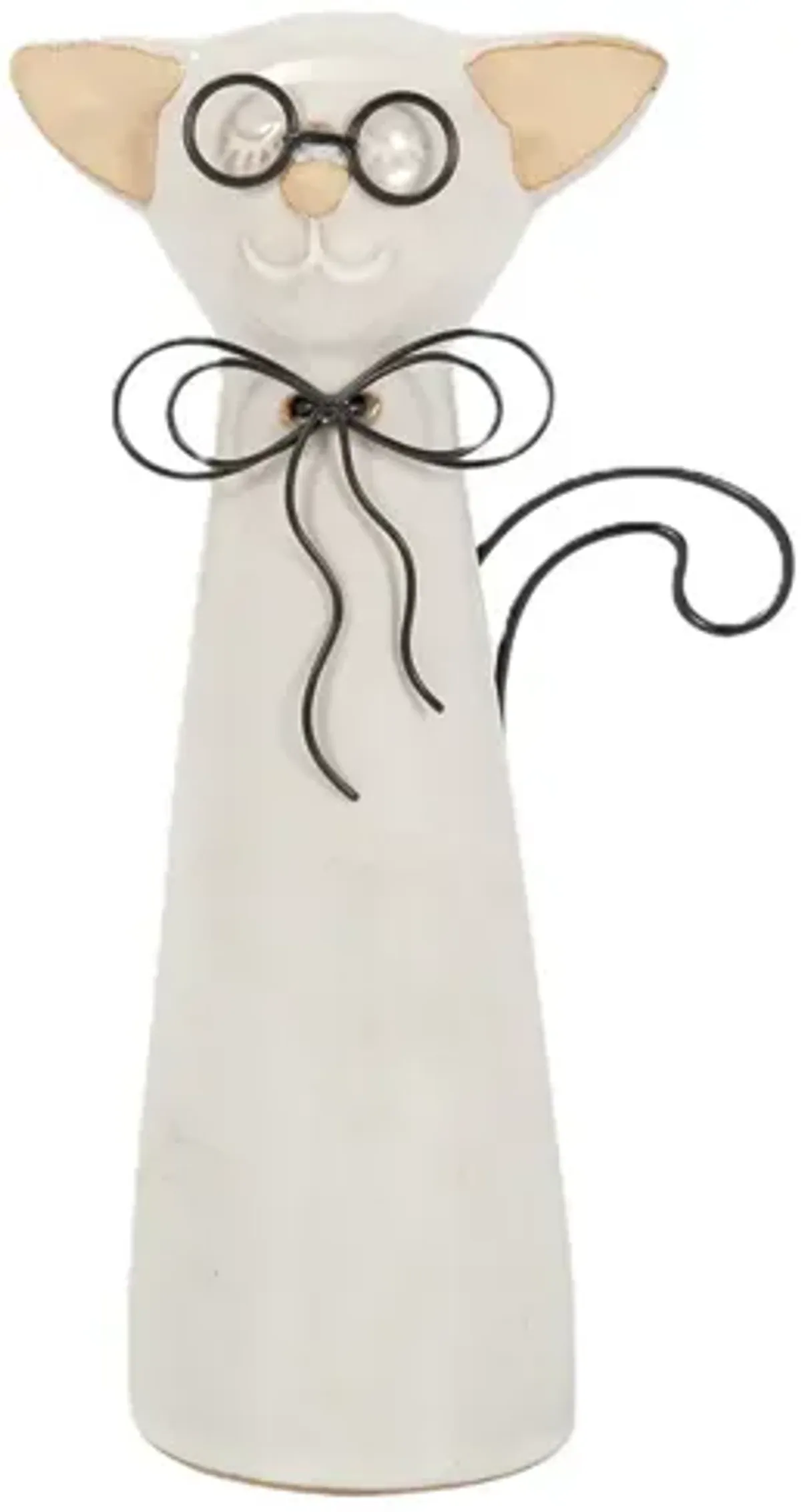 Short Beige Ceramic Cat with Glasses Sculpture 5"W x 8"H