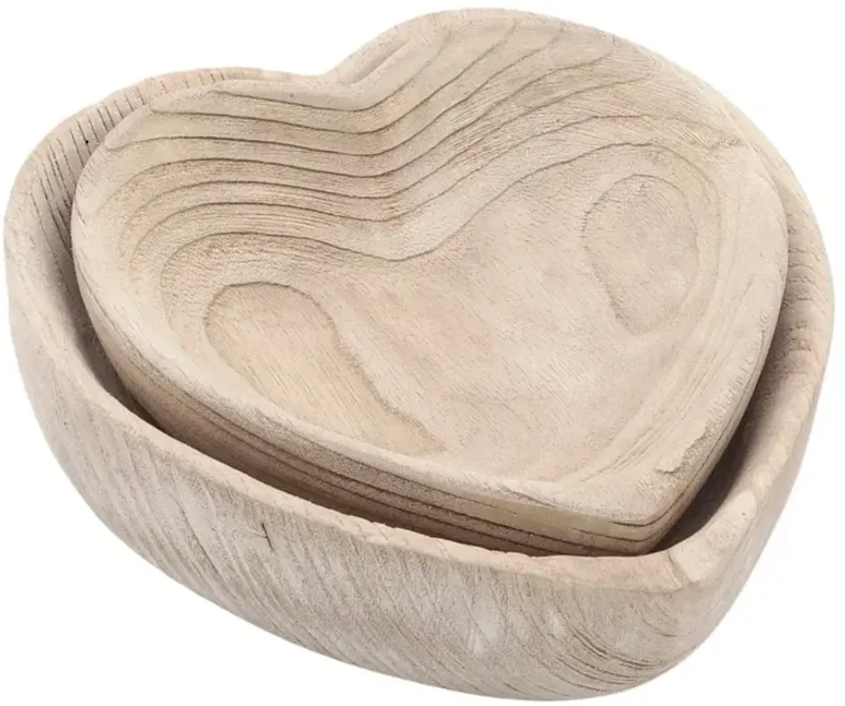 Set of 2 Natural Wood Heart Bowls 9/10"