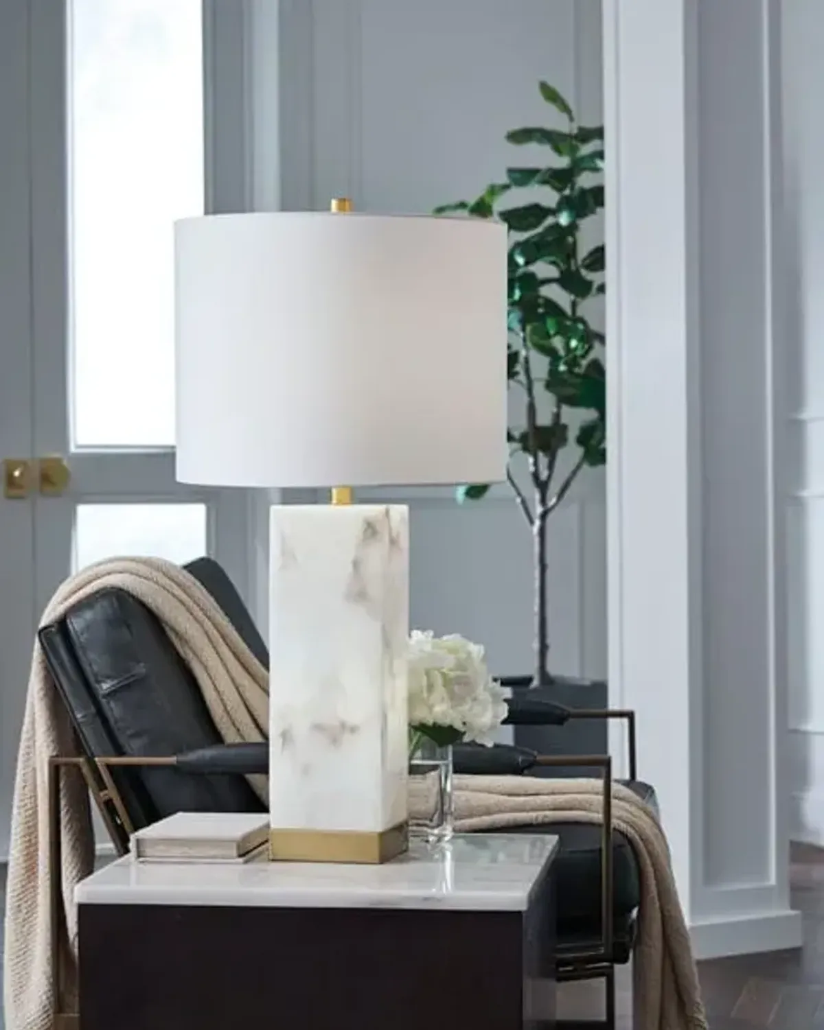 Alabaster and Brass Nitelite Table Lamp 29"H