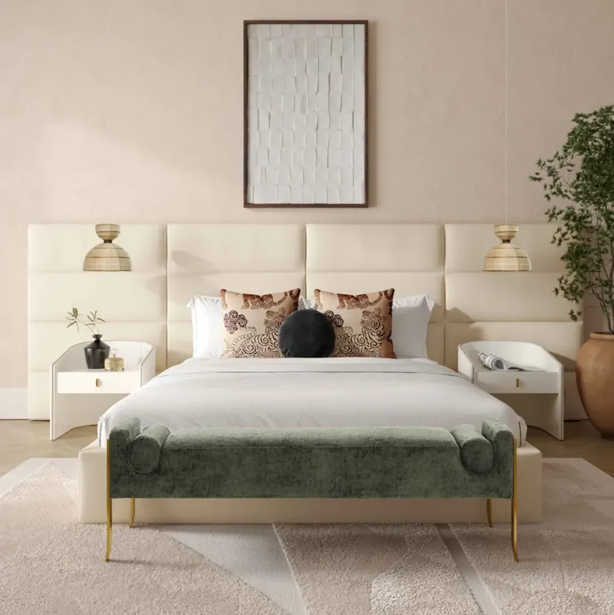 Eliana Cream Velvet King Bed with Wings