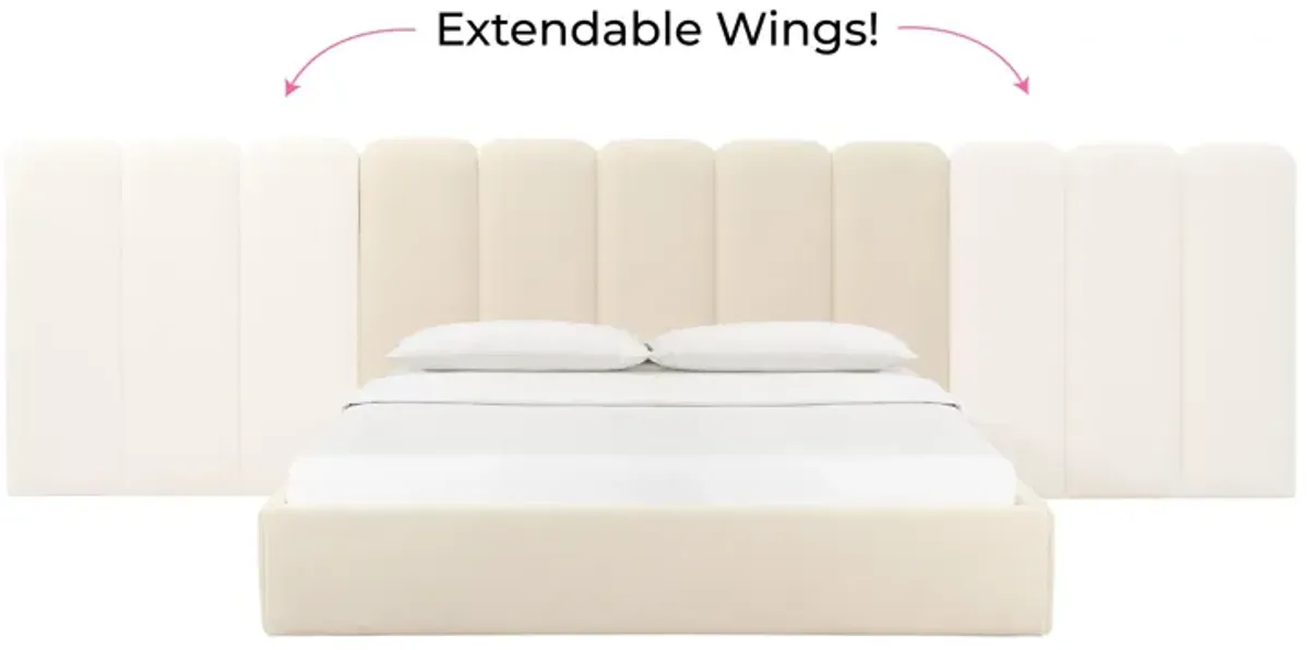 Palani Cream Velvet King Bed with Wings