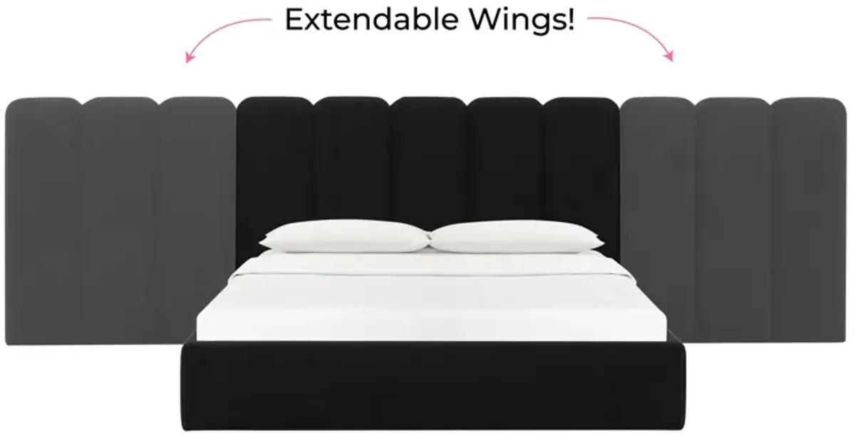 Palani Black Velvet Queen Bed with Wings