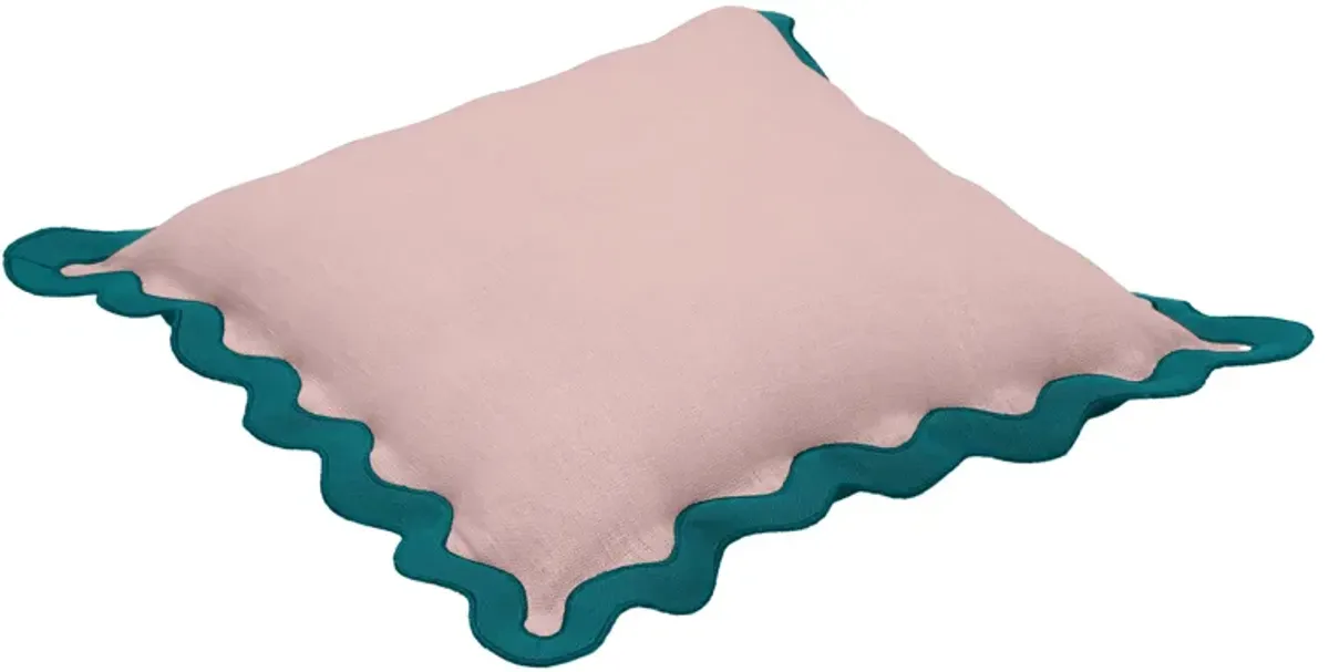 Scalloped Edge Blue and Pink Linen Throw Pillow