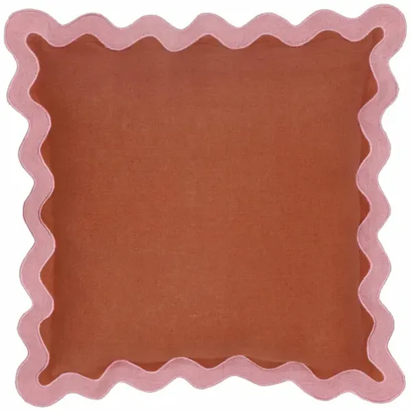 Scalloped Edge Pink and Terracotta Linen Throw Pillow