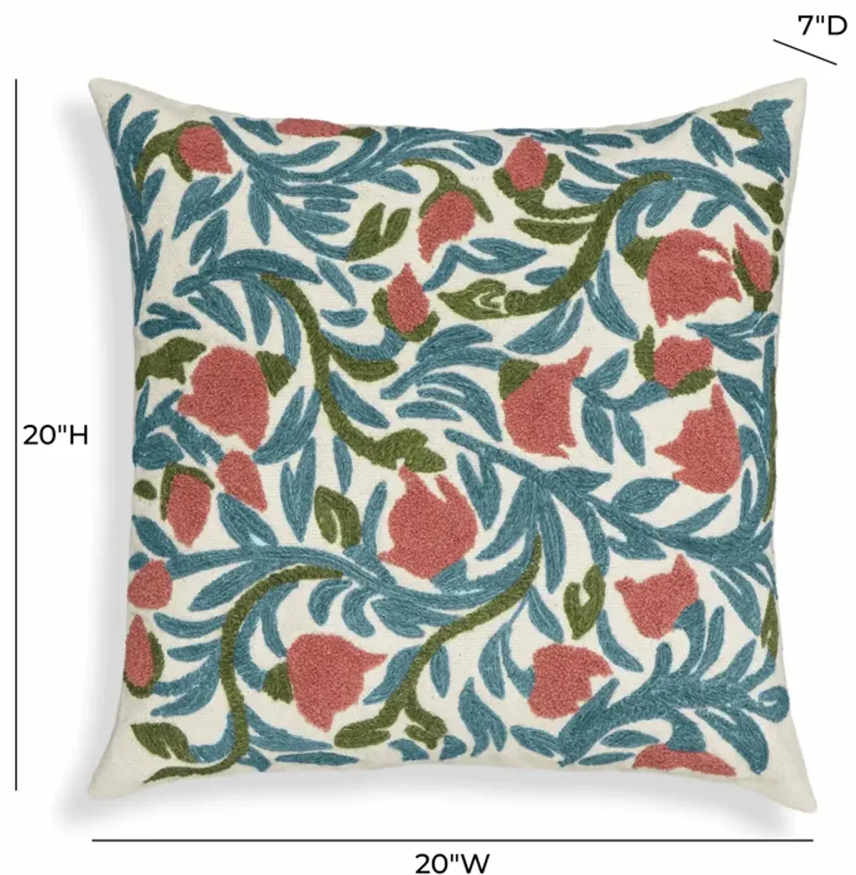 Tulip Embroidered Floral Wool 20" Square Accent Cushion