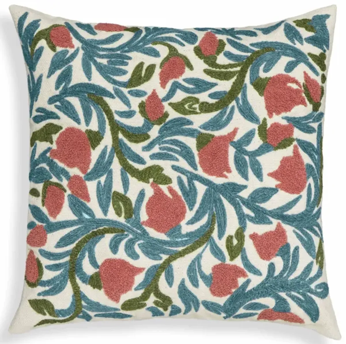 Tulip Embroidered Floral Wool 20" Square Accent Cushion