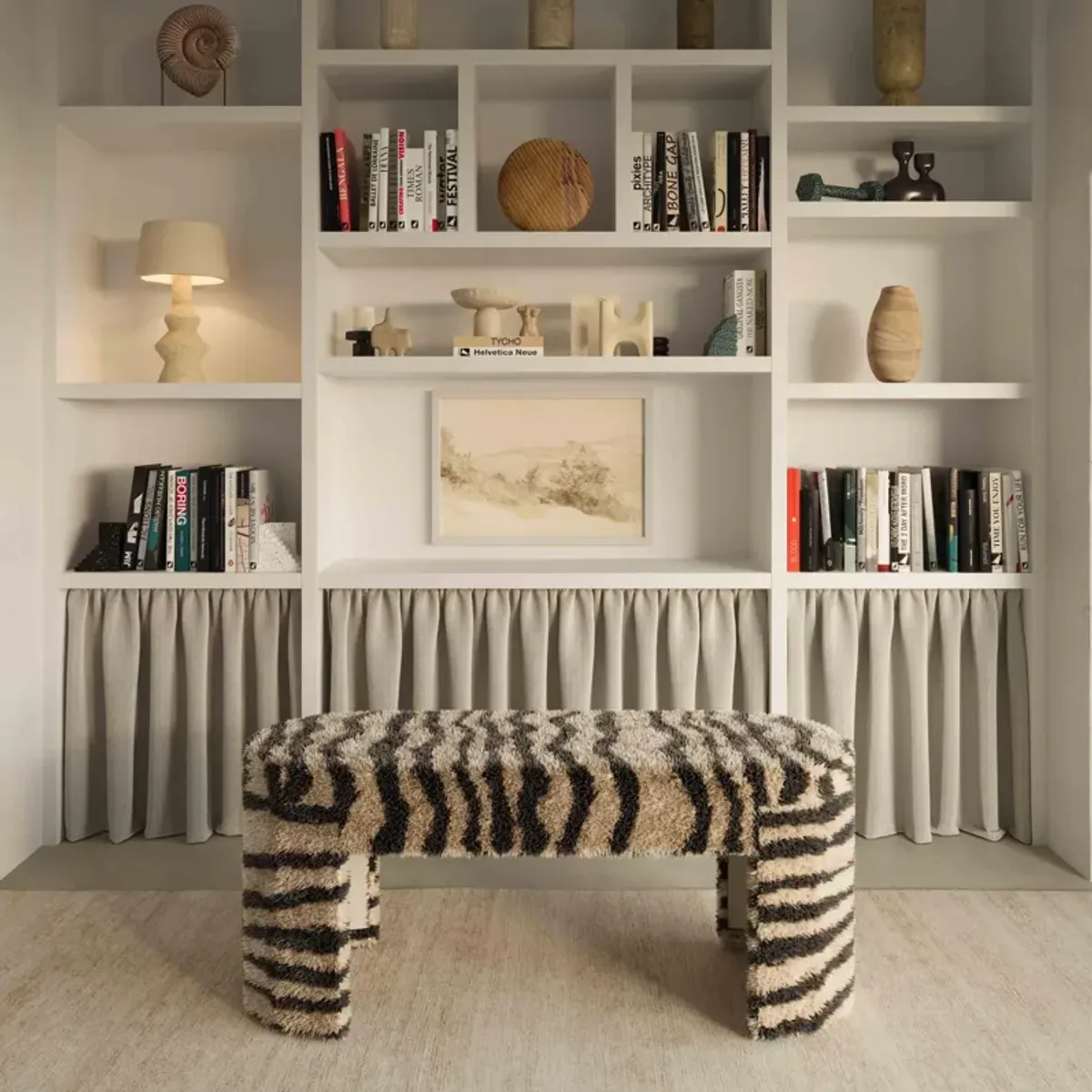 Zebra Brown Striped Tufted Bench