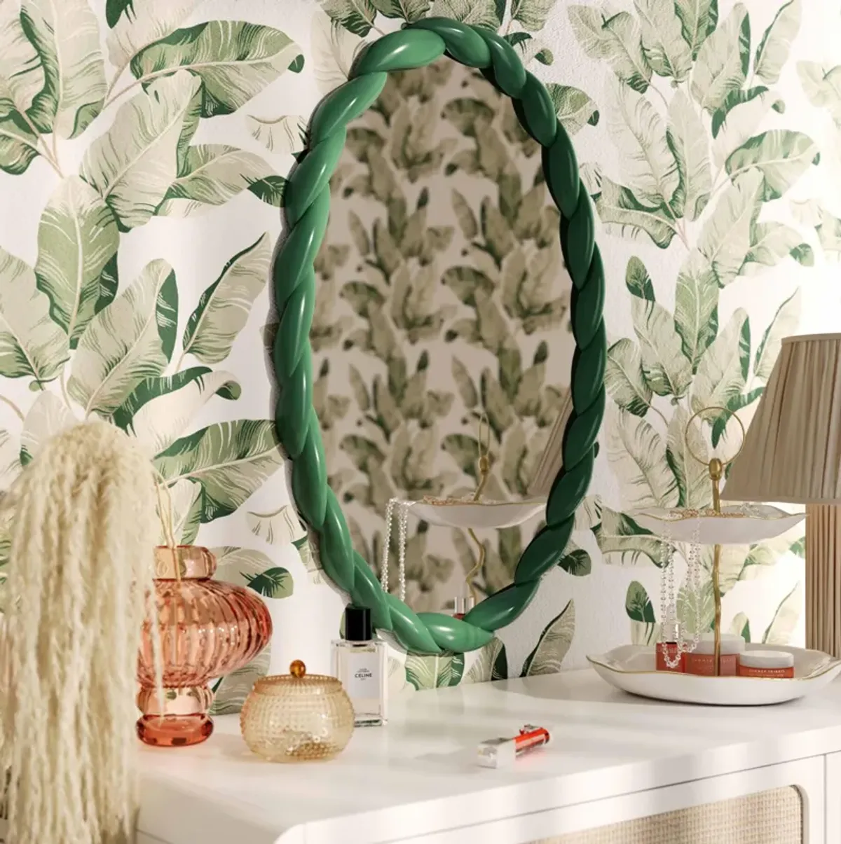 Agnes Forest Green Glossy Oval Mirror