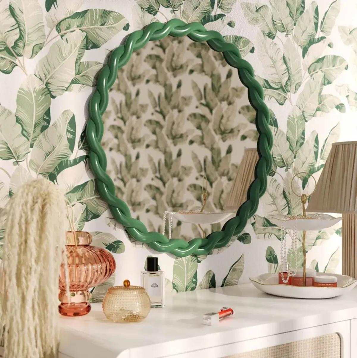 Agnes Forest Green Glossy Round Mirror