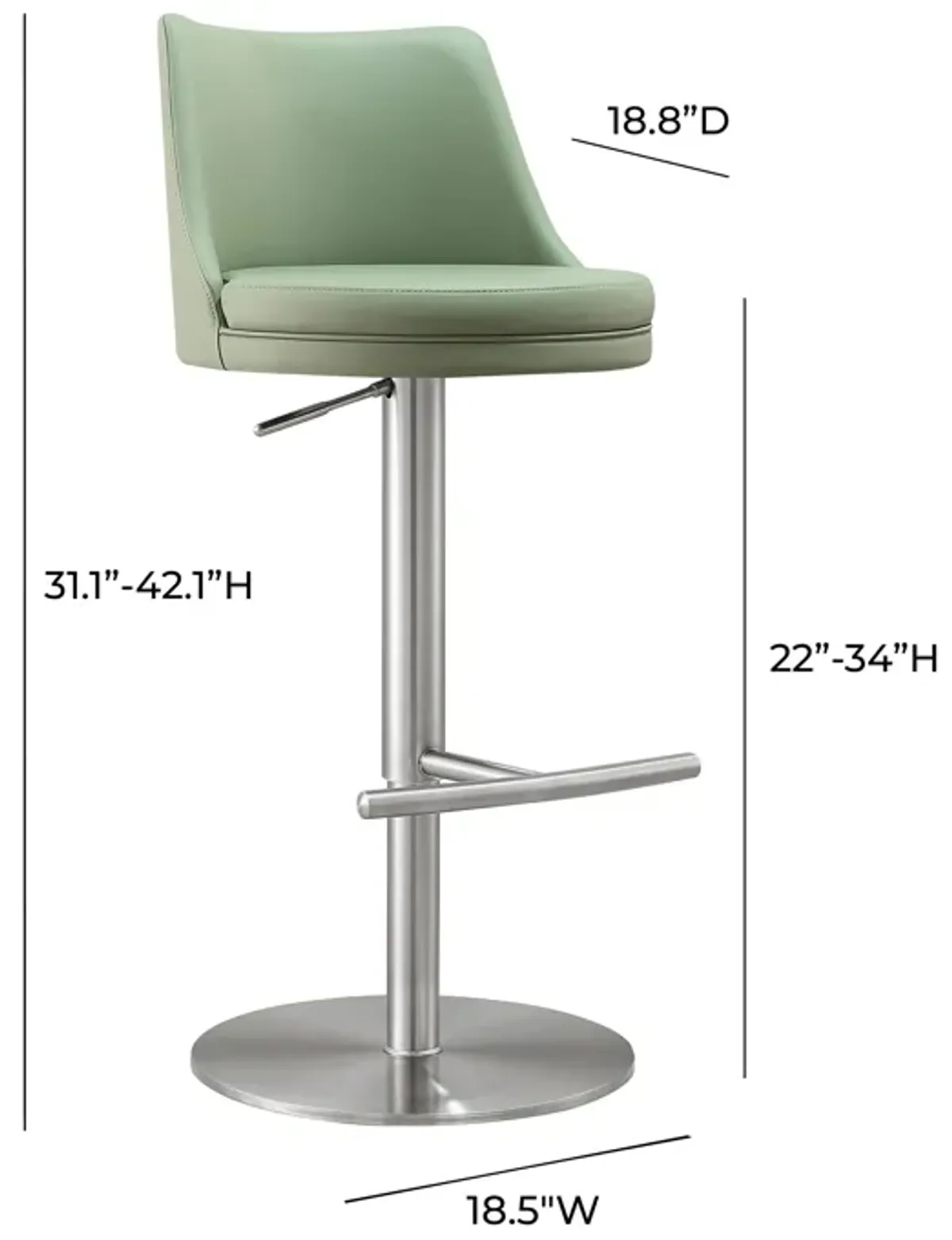 Reagan Sea Foam Green Performance Vegan Leather and Silver Adjustable Stool