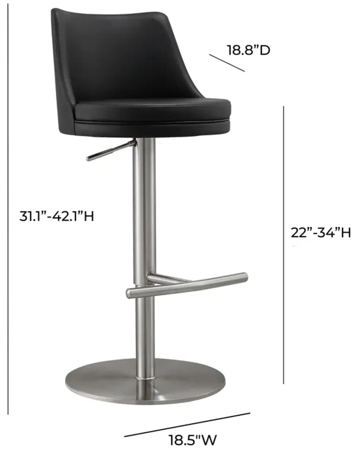 Reagan Black Performance Vegan Leather and Silver Adjustable Stool