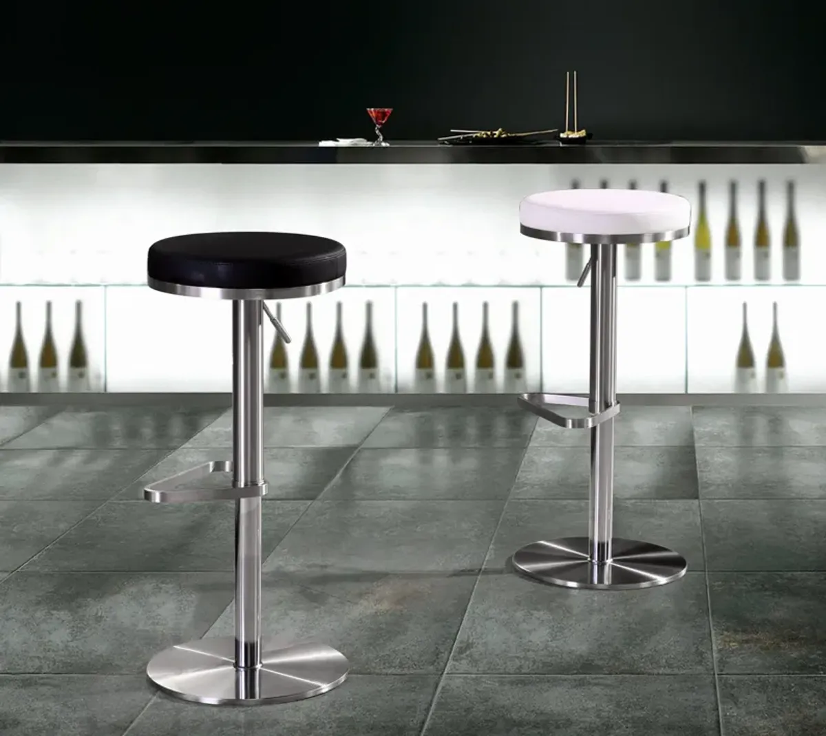 Fano White Performance Vegan Leather and Stainless Steel Adjustable Barstool