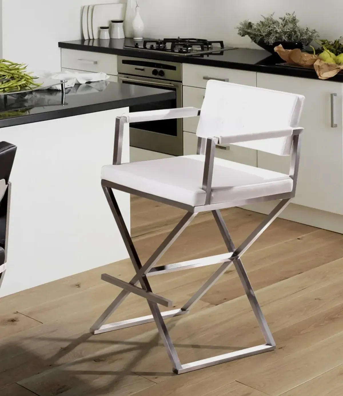 Director White Performance Vegan Leather and Stainless Steel Counter Stool