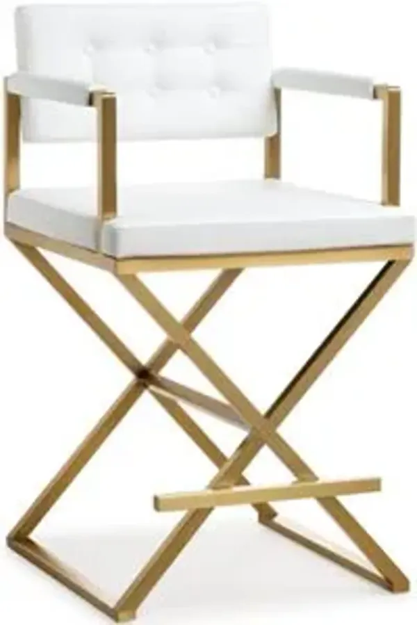 Director White Performance Vegan Leather and Gold Steel Barstool
