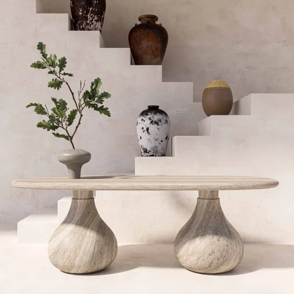 Smooch Faux Travertine Indoor / Outdoor Pedestal Dining Table