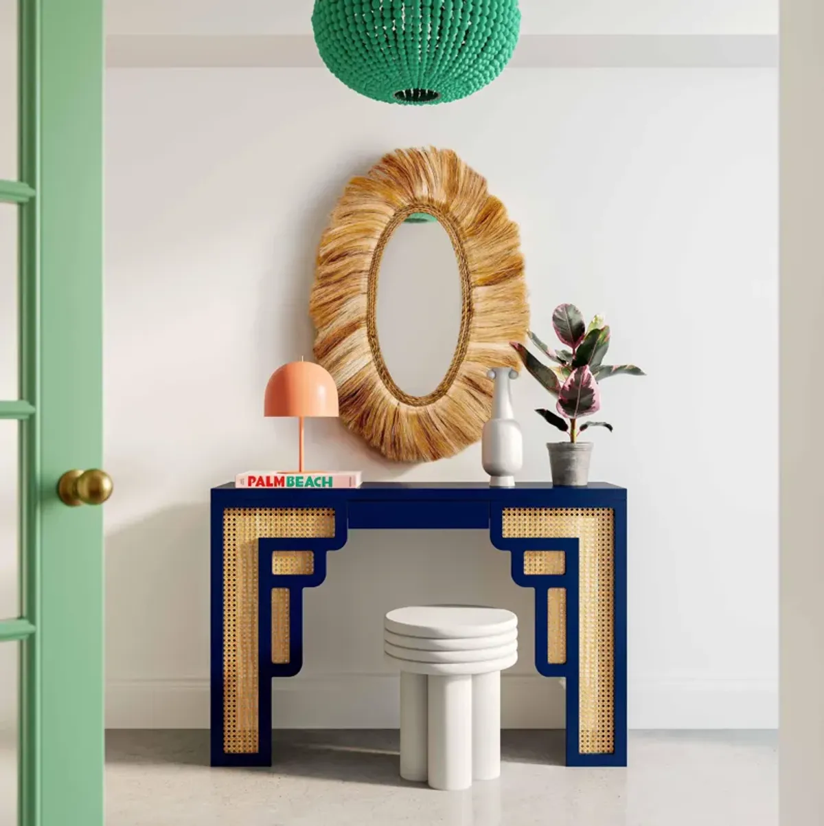 Suzie Navy & Rattan Console Table