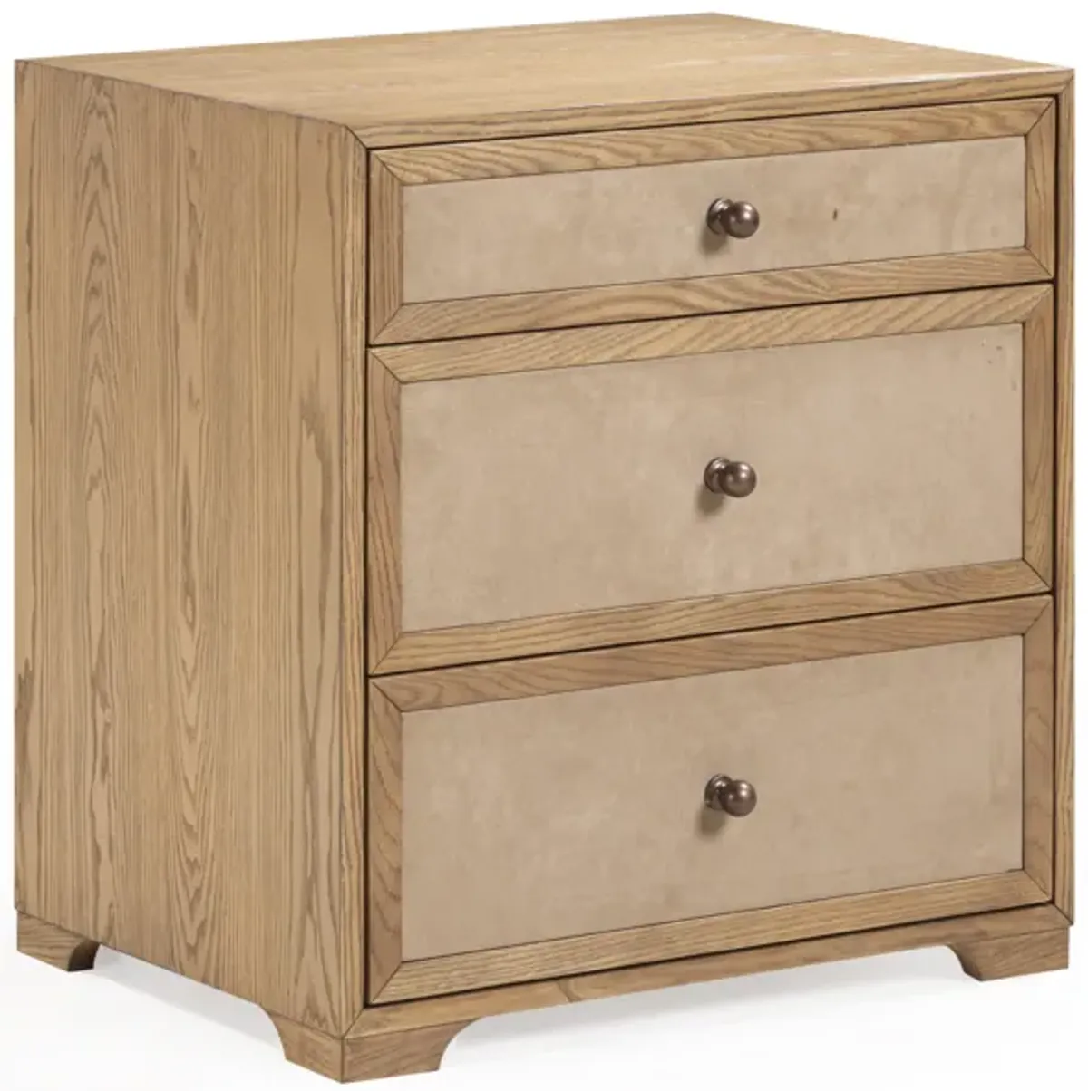 Laurentis Light Taupe Suede and Wood 3-Drawer Nightstand