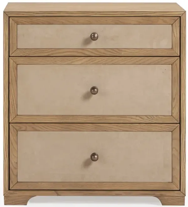 Laurentis Light Taupe Suede and Wood 3-Drawer Nightstand