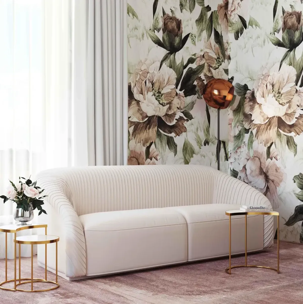 Yara Pleated Beige Velvet Sofa