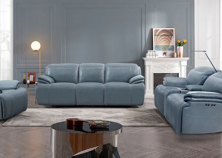 Isaac Blue Leather Zero Gravity Power Reclining Sofa W/ Power Headrests