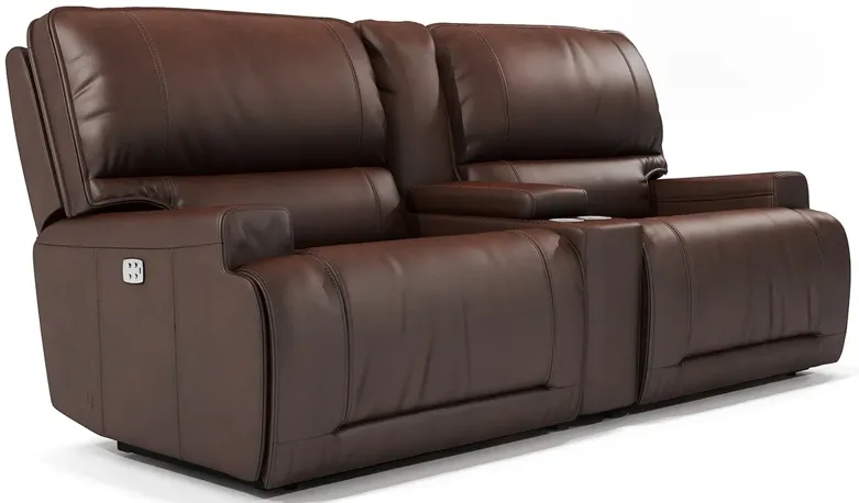 BARNETT TIMBER POWER RECLINING LEATHER LOVESEAT WITH CONSOLE AND POWER ...