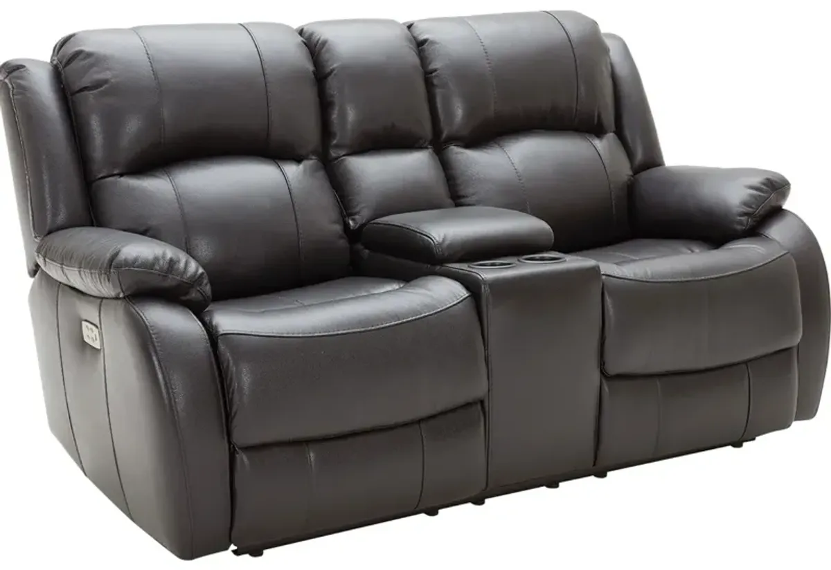 Vallen Gray Leather Power Loveseat W/ Power Headrests