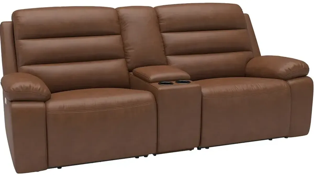 Duke Brown Leather Power Reclining Console Loveseat W/ Power Headrests