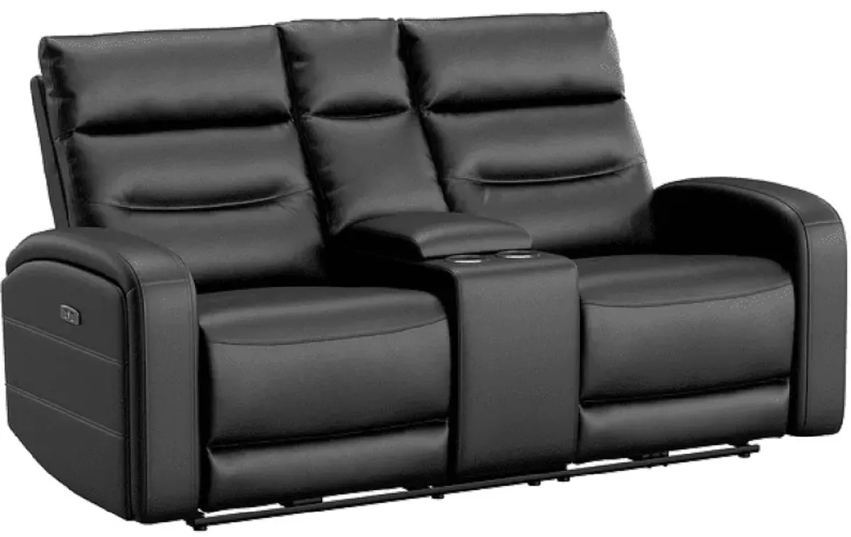 Emerie Black Leather Power Reclining Console Loveseat W/ Power Headrests