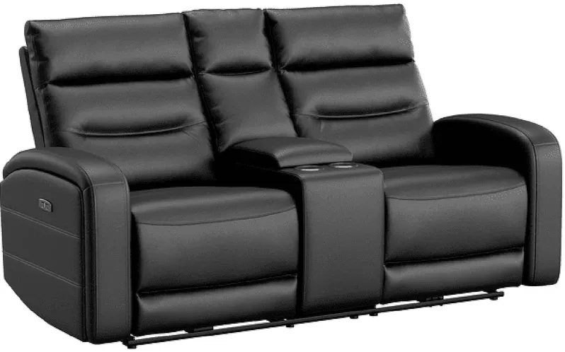 Emerie Black Leather Power Reclining Console Loveseat W/ Power Headrests