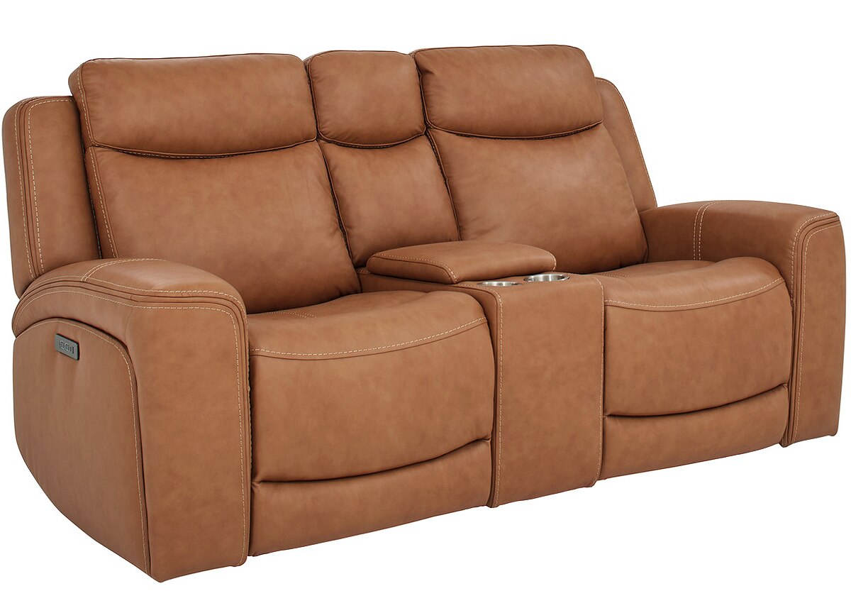 Davidson Brown Leather Power Reclining Console Loveseat W/ Power Headrests By Drew & Jonathan