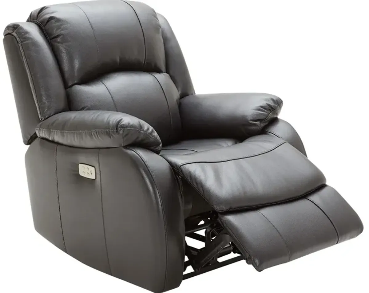 Vallen Gray Leather Power Recliner W/ Power Headrest