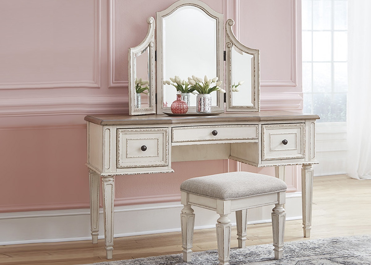 Westbrook White Vanity Mirror W/ Stool