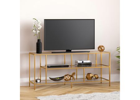 Withrop TV Stand with Glass Shelves in Brass Finish