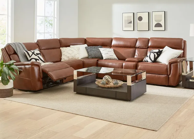 Edgewood Brown Leather 6 Pc. Power Sectional W/ Power Headrests & 2 Armless Chairs