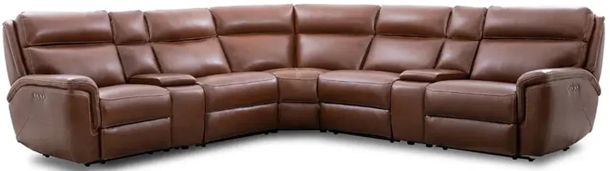 Edgewood Brown Leather 7 Pc. Power Sectional W/ Power Headrests