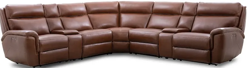 Edgewood Brown Leather 7 Pc. Power Sectional W/ Power Headrests