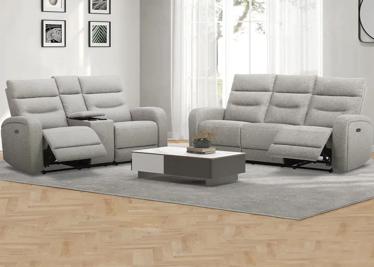 Emerie Gray Fabric 3 Pc. Power Reclining Living Room W/ Power Headrests