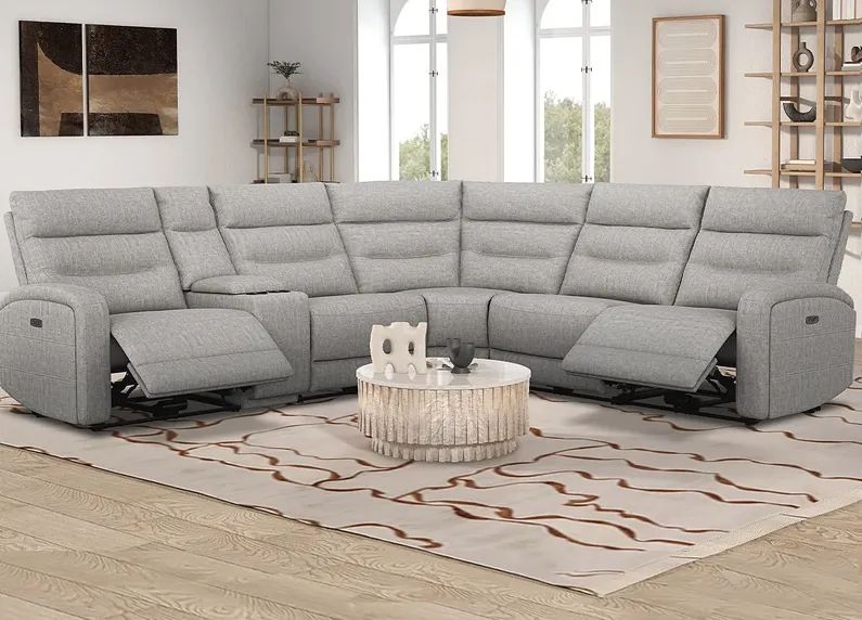 Emerie Gray Fabric 6 Pc. Power Reclining Sectional W/ Power Headrests & 2 Armless Chairs