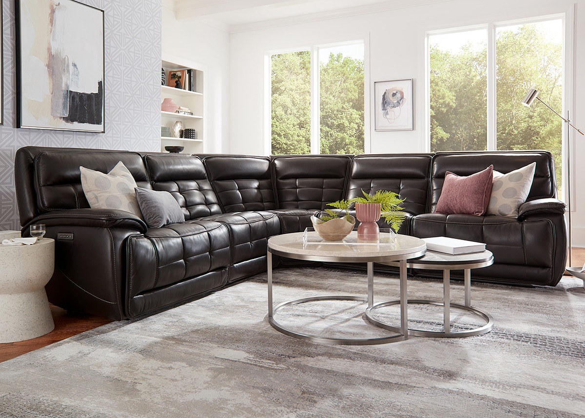 Pacific Heights Black Leather 5 Pc. Power Reclining Sectional W/ Power Headrests By Drew & Jonathan