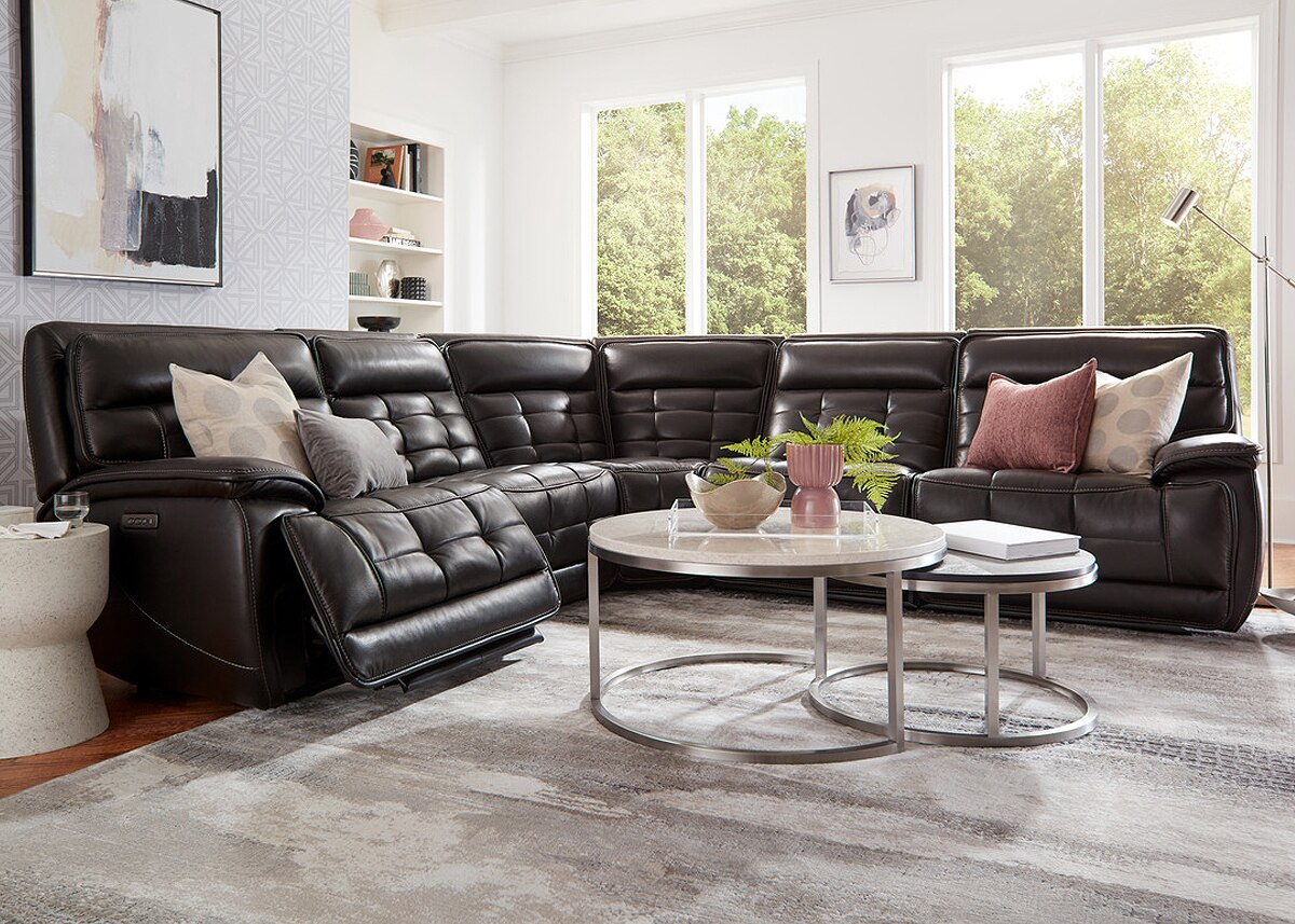 Pacific Heights Black Leather 5 Pc. Power Reclining Sectional W/ Power Headrests By Drew & Jonathan