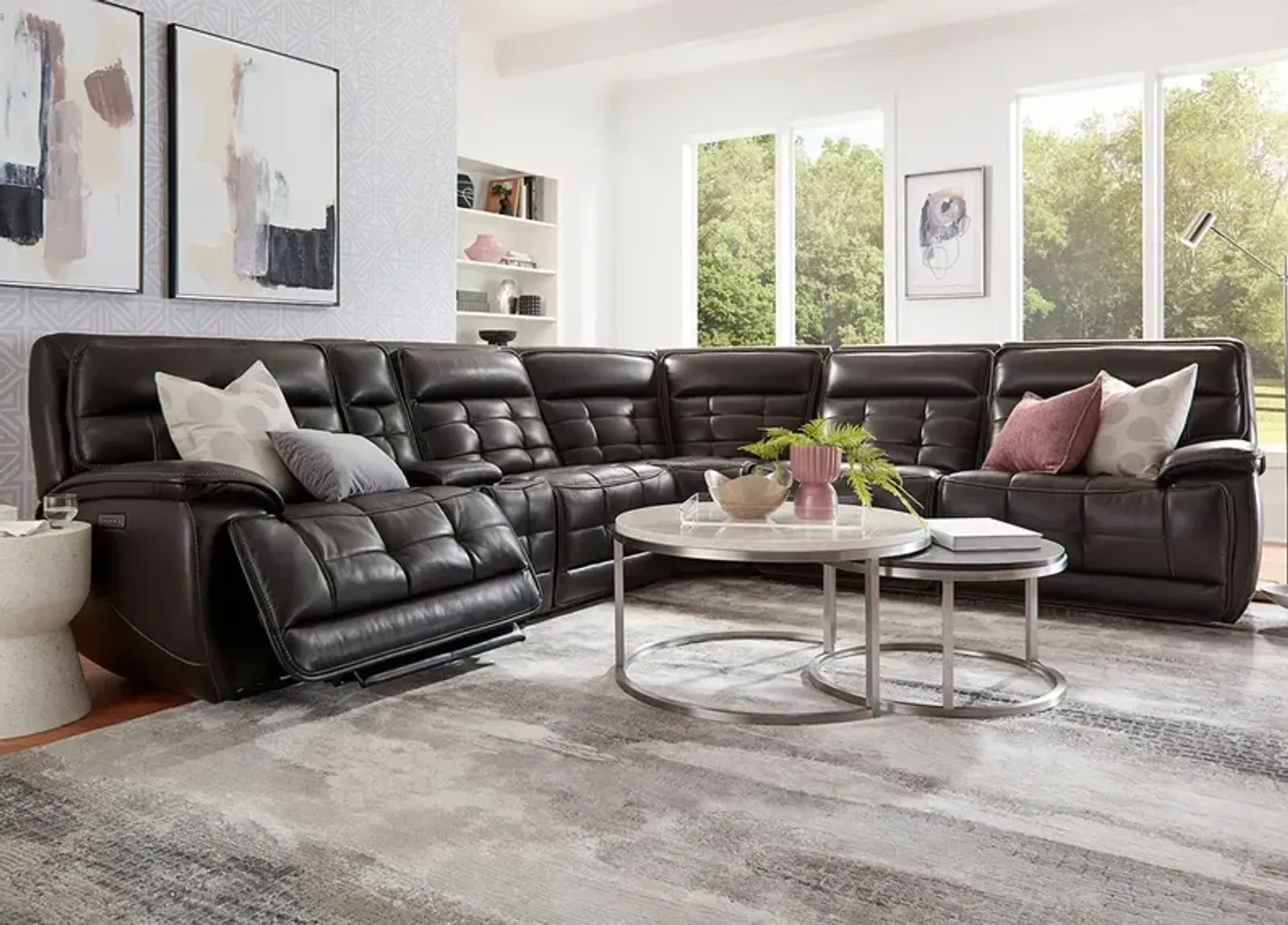 Pacific Heights Black Leather 6 Pc. Power Reclining Sectional W/ Power Headrests & 2 Armless Chairs By Drew & Jonathan