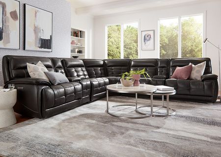 Pacific Heights Black Leather 7 Pc. Power Reclining Sectional W/ Power Headrests & 2 Armless Chairs By Drew & Jonathan