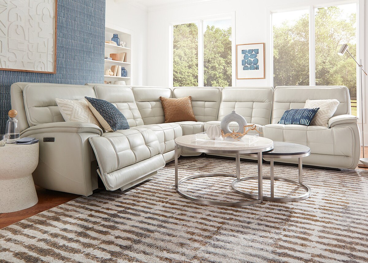 Pacific Heights Gray Leather 5 Pc. Power Reclining Sectional W/ Power Headrests & 2 Armless Chairs By Drew & Jonathan