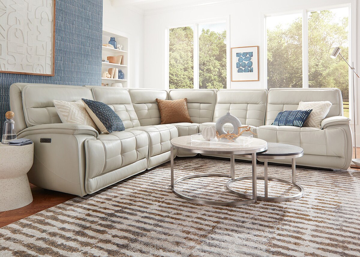 Pacific Heights Gray Leather 5 Pc. Power Reclining Sectional W/ Power Headrests & 2 Armless Chairs By Drew & Jonathan